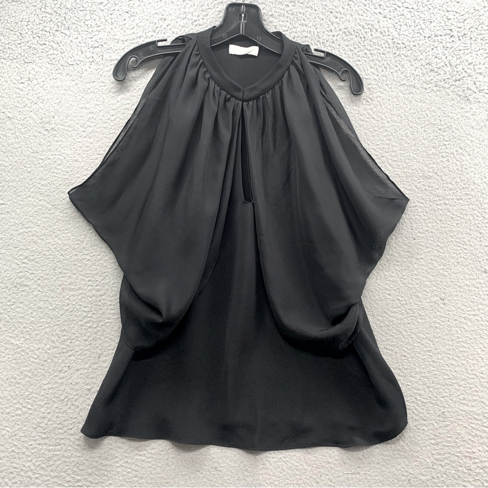 Ramy Brook Women's S Silk Sleeveless Ruffle Drape Sheer Detail Top Blouse Black